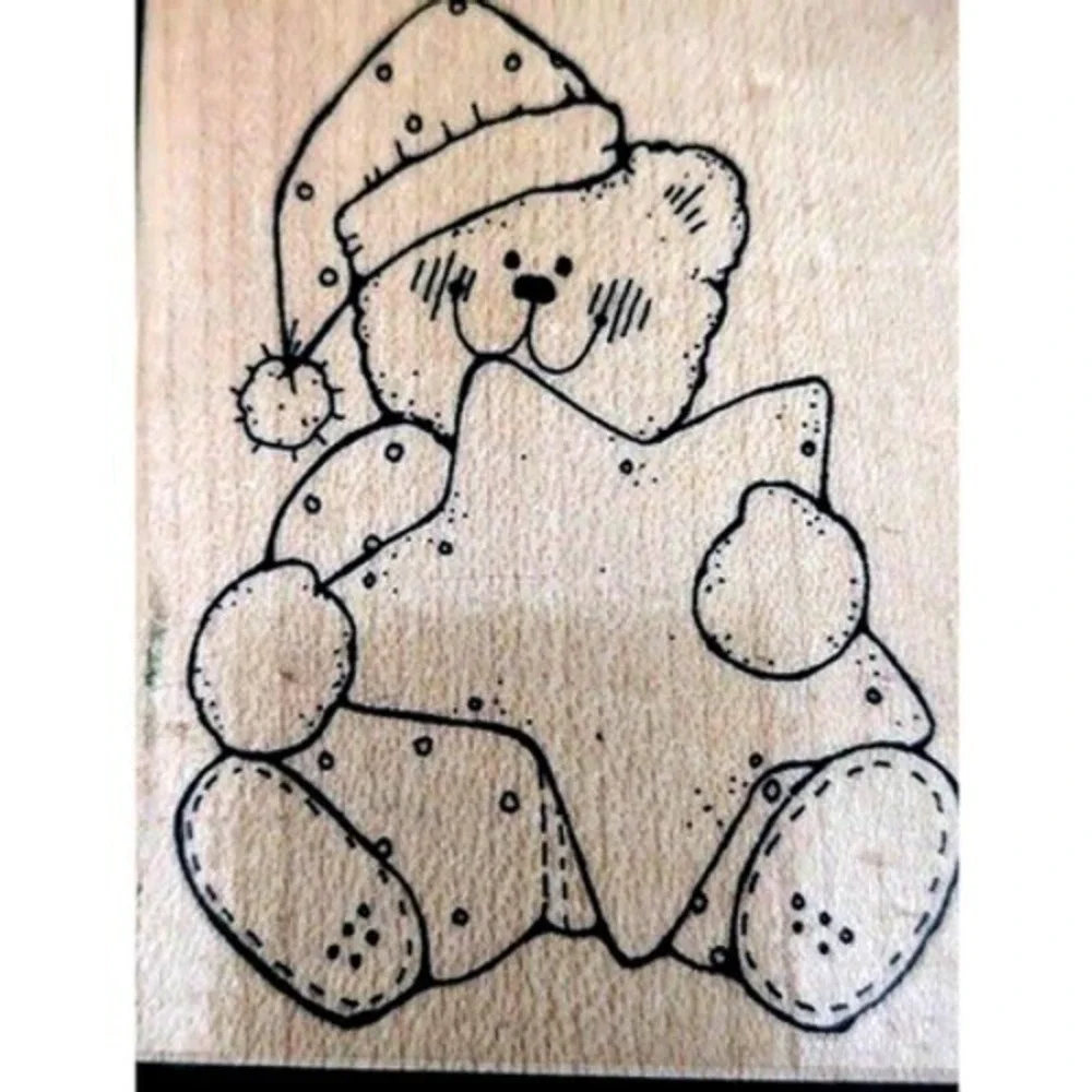 JRL Design Nighttime Bear N216 Teddy Star Rubber Stamp Wood #A25